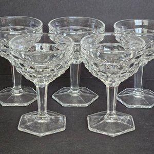 5 Fostoria American Clear Martini/Tall Sherbet Glasses Hex Base Cube Cubist